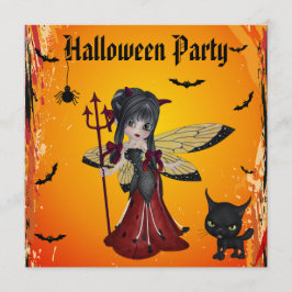 Cute Devil Girl Flower Fairy & Cat Halloween Kaart
