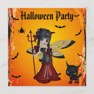 Cute Devil Girl Flower Fairy & Cat Halloween Kaart