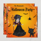 Cute Devil Girl, Pitchfork & Cat Halloween Kaart (Voorkant / Achterkant)