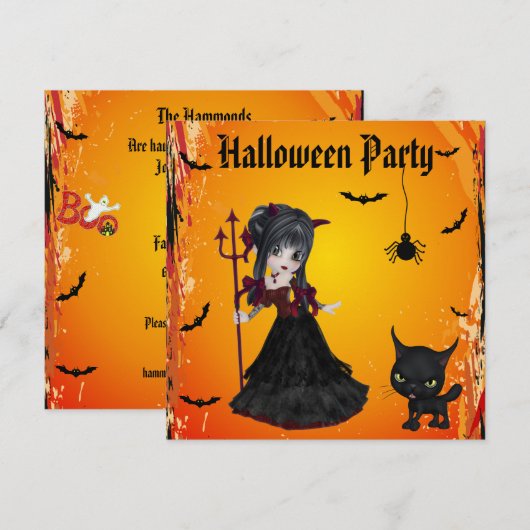 Cute Devil Girl, Pitchfork & Cat Halloween Kaart (Voorkant / Achterkant)