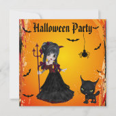 Cute Devil Girl, Pitchfork & Cat Halloween Kaart (Voorkant)