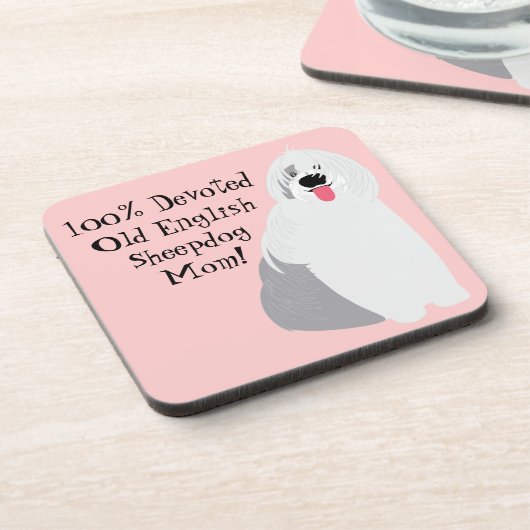 Cute Devote Old English Sheepdog Ma op Roze Onderzetter (Linkerzijde)