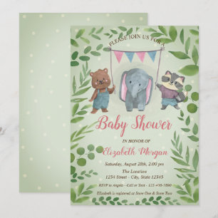 Cute Dieren, Bladeren, Blauwe Stippen Baby Shower Kaart