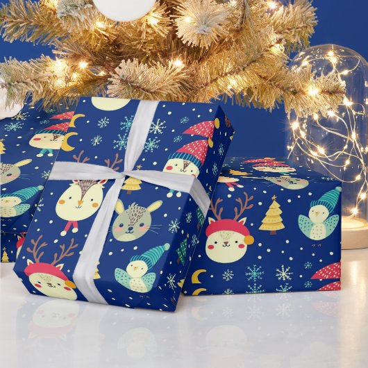 Cute Dieren Kerstbomen Blauw Kerstfeest Cadeaupapier (Feestdagen)