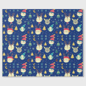 Cute Dieren Kerstbomen Blauw Kerstfeest Cadeaupapier (Vlak)