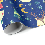 Cute Dieren Kerstbomen Blauw Kerstfeest Cadeaupapier (Rol Hoek)