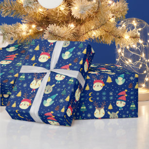Cute Dieren Kerstbomen Blauwe Kerst Cadeaupapier