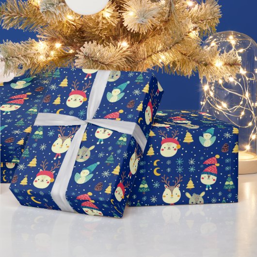 Cute Dieren Kerstbomen Blauwe Kerst Cadeaupapier (Feestdagen)