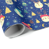 Cute Dieren Kerstbomen Blauwe Kerst Cadeaupapier (Rol Hoek)