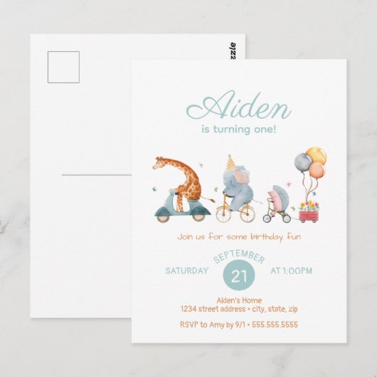 Cute Dieren Trein Neutrale Verjaardagsfeestje Briefkaart (Voorkant / Achterkant)