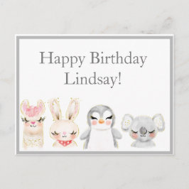 Cute Dieren Waterkleur Typografie Verjaardag Briefkaart