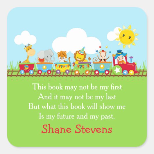 Cute dierencircustrein in rode boekplaatsticker vierkante sticker (Voorkant)