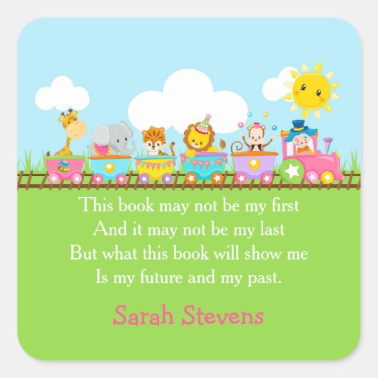 Cute dierencircustrein in roze boekplaatsticker vierkante sticker (Voorkant)