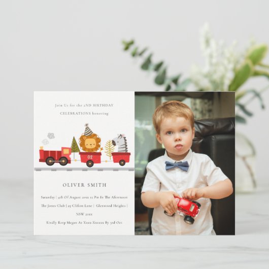 Cute Dierendrein Foto Verjaardagsuitnodiging Elke  Bedankkaart (Staand voorkant)