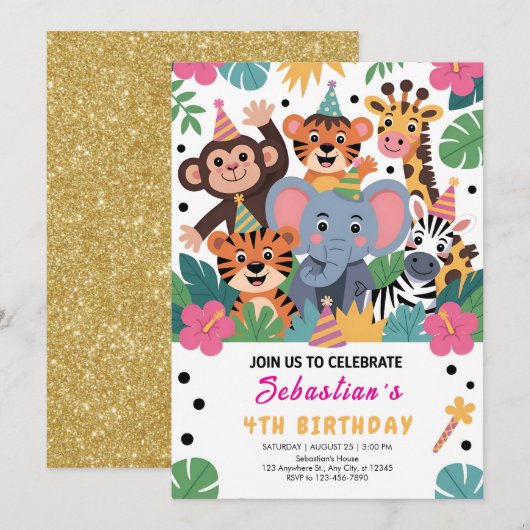 Cute dierentuin dieren kinderfeestje kaart (Voorkant / Achterkant)