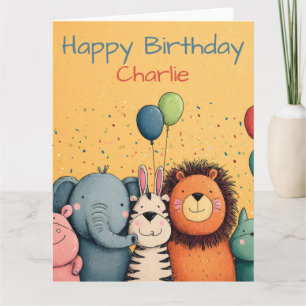 Cute dierentuinfeest met ballonnen en confetti kaart