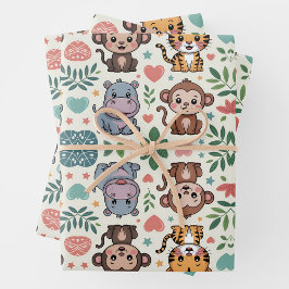Cute dierpatroon met apen, tijgers inpakpapier vel