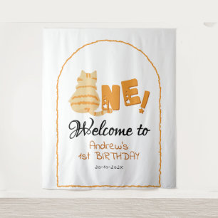 Cute dikke oranje kat 1e verjaardag achtergrond wandkleed