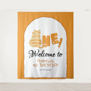 Cute dikke oranje kat 1e verjaardag achtergrond wandkleed