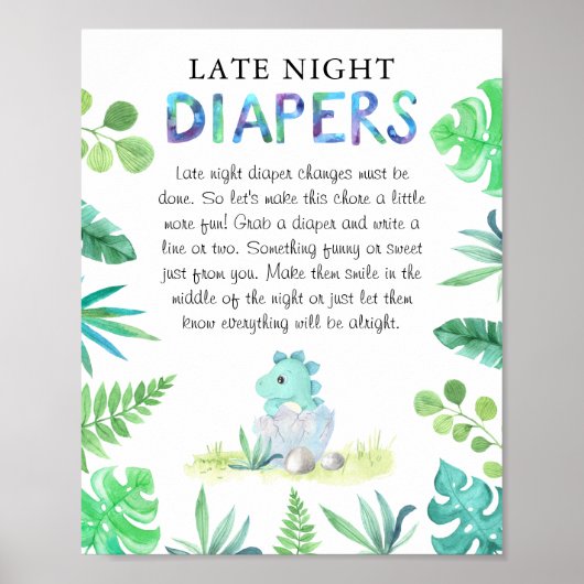 Cute Dino Boy Baby shower 'Late Night Diaper' Poster (Voorkant)
