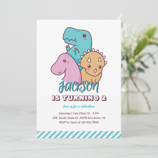 Cute Dino Cartoon Dinosaur Birthday Uitnodiging (Staand voorkant)