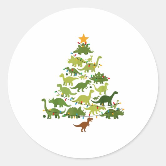 Cute Dino Christmas Tree Merry Dinomas Xmas Lights Ronde Sticker (Voorkant)