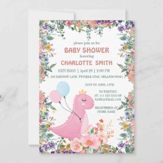 Cute dino crown flora baby shower kaart (Voorkant)