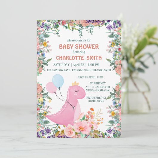 Cute dino crown flora baby shower kaart (Staand voorkant)