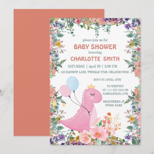 Cute dino crown flora baby shower kaart (Voorkant / Achterkant)