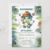 Cute Dino Detective Boy Baby Shower Invitation Kaart (Voorkant)