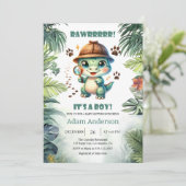 Cute Dino Detective Boy Baby Shower Invitation Kaart (Staand voorkant)