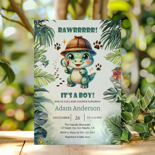 Cute Dino Detective Boy Baby Shower Invitation Kaart
