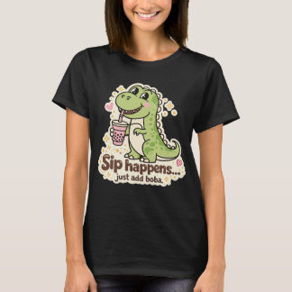 Cute Dino drinking bubble tea, boba tea T-shirt