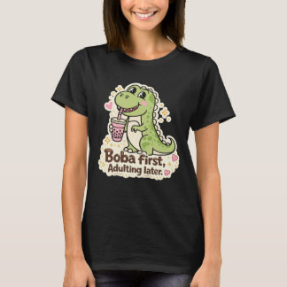 Cute Dino drinking bubble tea, boba tea T-shirt