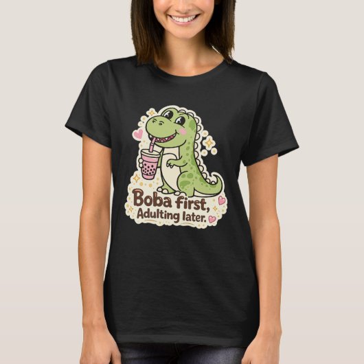 Cute Dino drinking bubble tea, boba tea T-shirt (Voorkant)