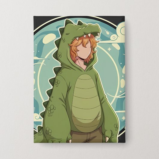 Cute Dino Friend Anime Boy - Green Dinosaur Button (Voorkant)