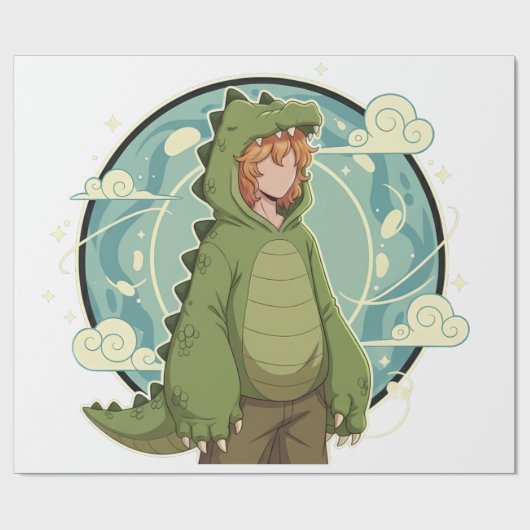 Cute Dino Friend Anime Boy - Green Dinosaur Cadeaupapier (Vlak)