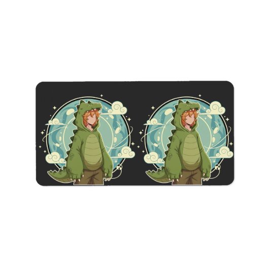 Cute Dino Friend Anime Boy - Green Dinosaur Etiket (Voorkant)