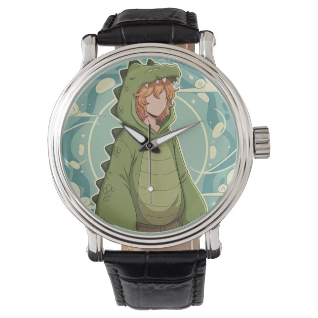 Cute Dino Friend Anime Boy - Green Dinosaur Horloge (Voorkant)