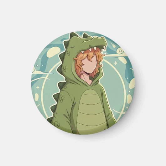 Cute Dino Friend Anime Boy - Green Dinosaur Magneet (Voorkant)