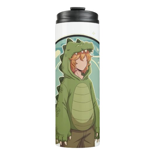 Cute Dino Friend Anime Boy - Green Dinosaur Thermosbeker (Voorkant)