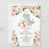 Cute Dino Girl Tea party 5e verjaardag Uitnodiging (Voorkant)