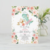 Cute Dino Girl Tea party 5e verjaardag Uitnodiging (Staand voorkant)