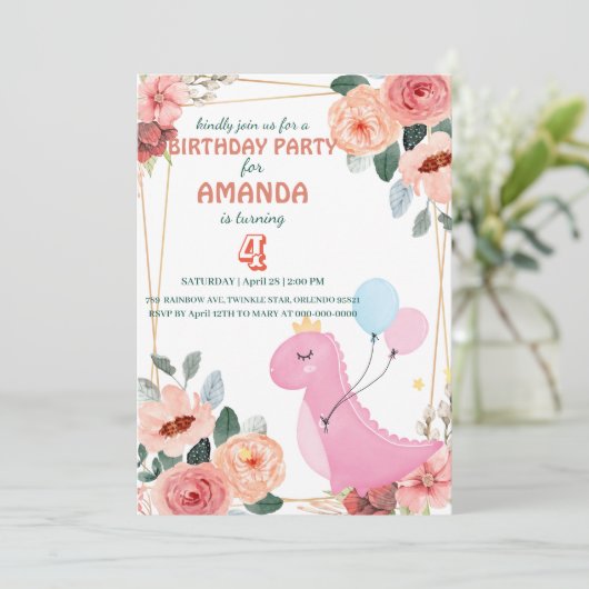 Cute dino kroonballonflora Birthday Party Kaart (Staand voorkant)