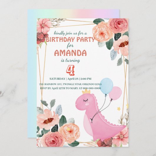 Cute dino kroonballonflora Birthday Party Kaart (Voorkant / Achterkant)