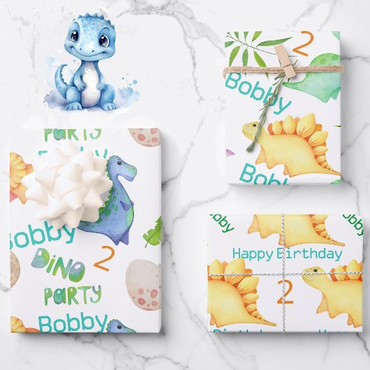 Cute Dino Party Boys Dinosaur Name & Age Inpakpapier Vel