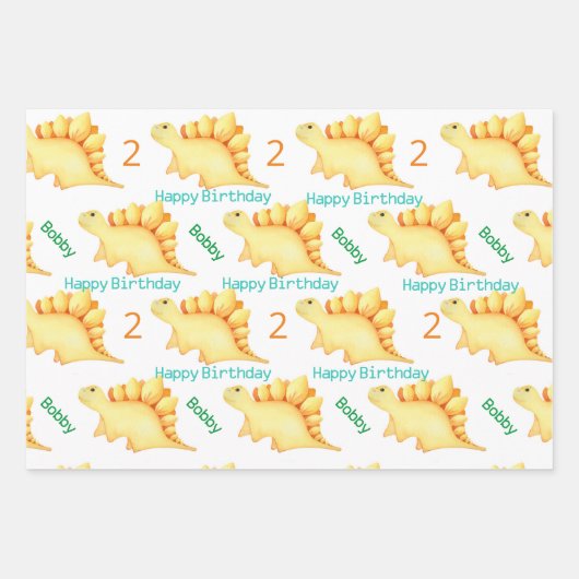 Cute Dino Party Boys Dinosaur Name & Age Inpakpapier Vel (Voorkant 3)