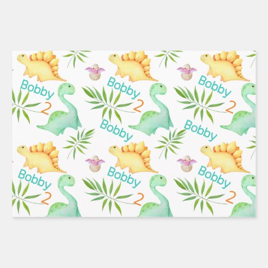 Cute Dino Party Boys Dinosaur Name & Age Inpakpapier Vel (Voorkant 2)
