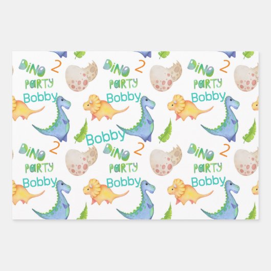 Cute Dino Party Boys Dinosaur Name & Age Inpakpapier Vel (Voorkant)