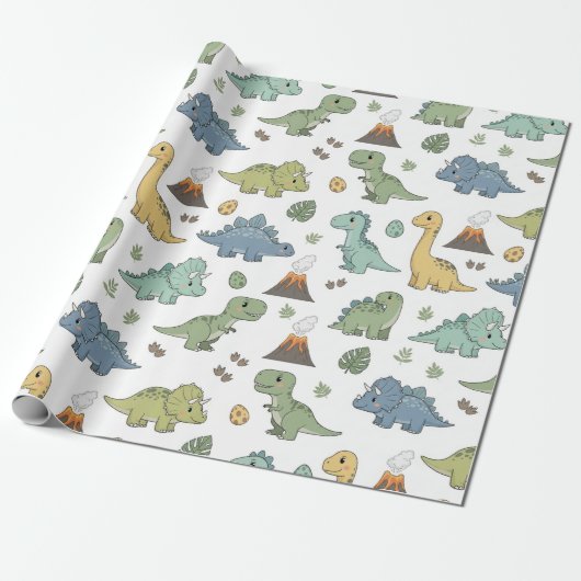 Cute Dino Pattern Kids Birthday Wrapping Paper Cadeaupapier (Uitgerold)